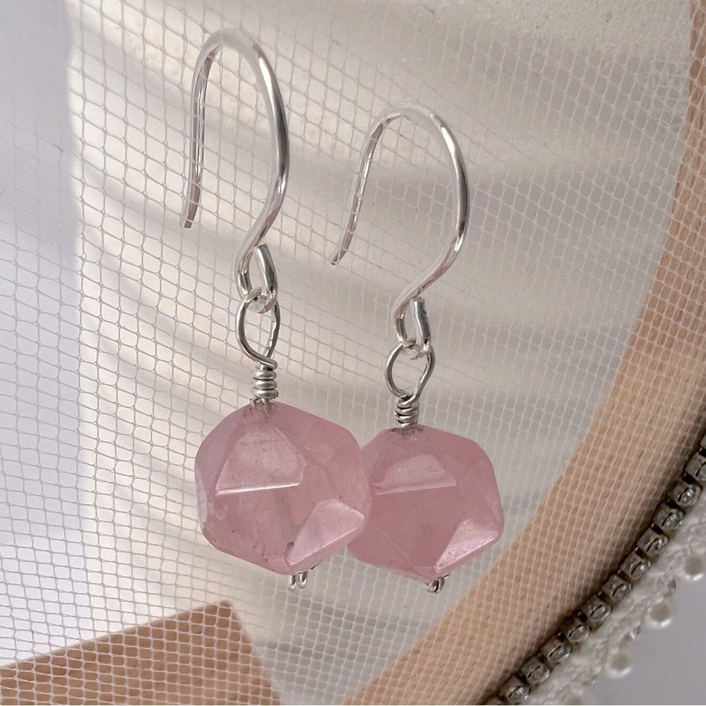 𝅺ROSE Quartz Sterling Silver Wire Wrap Earrings